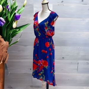 SKIES ARE BLUE NWT DRESS FLORAL PRINT WRAP RUFFLED SPAGHETTI STRAPS SMALL COBALT